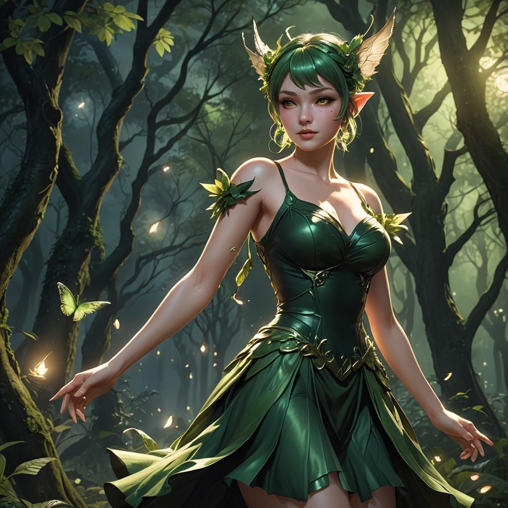 Beautiful Pixie Dancing in Forest, Hyper-Realistic 3D Anime