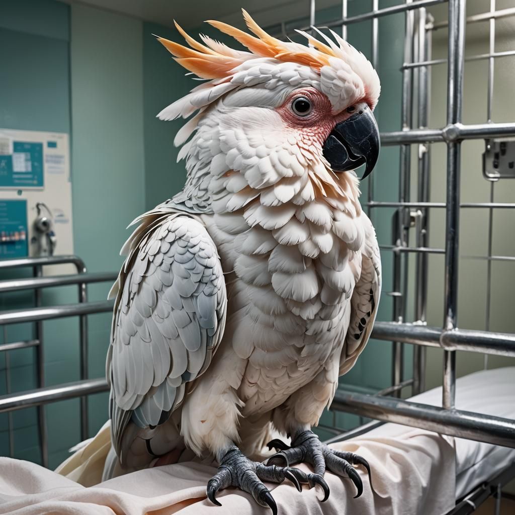 Cockatoo Hospital Visit in Hyperrealistic Splash Art
