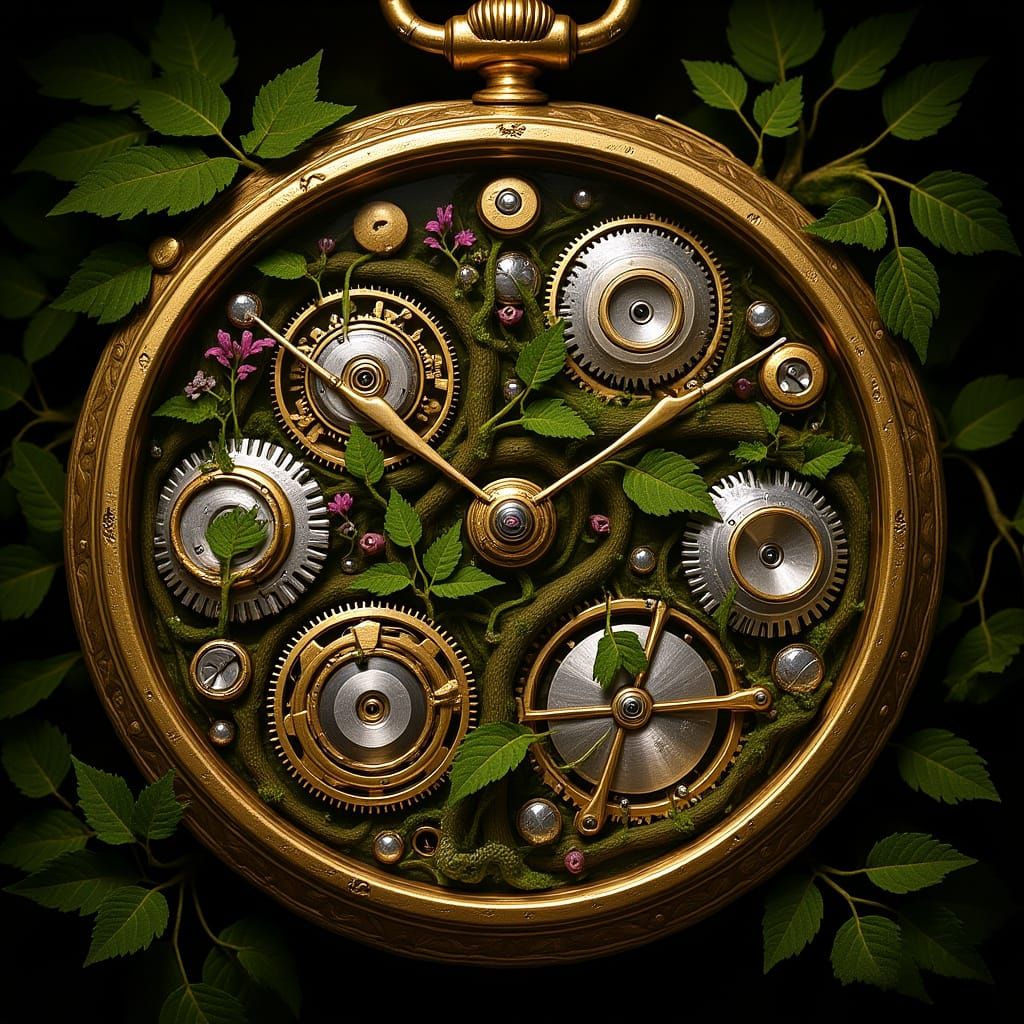 Intricate Antique Watch Engulfed in Lush Plant Life