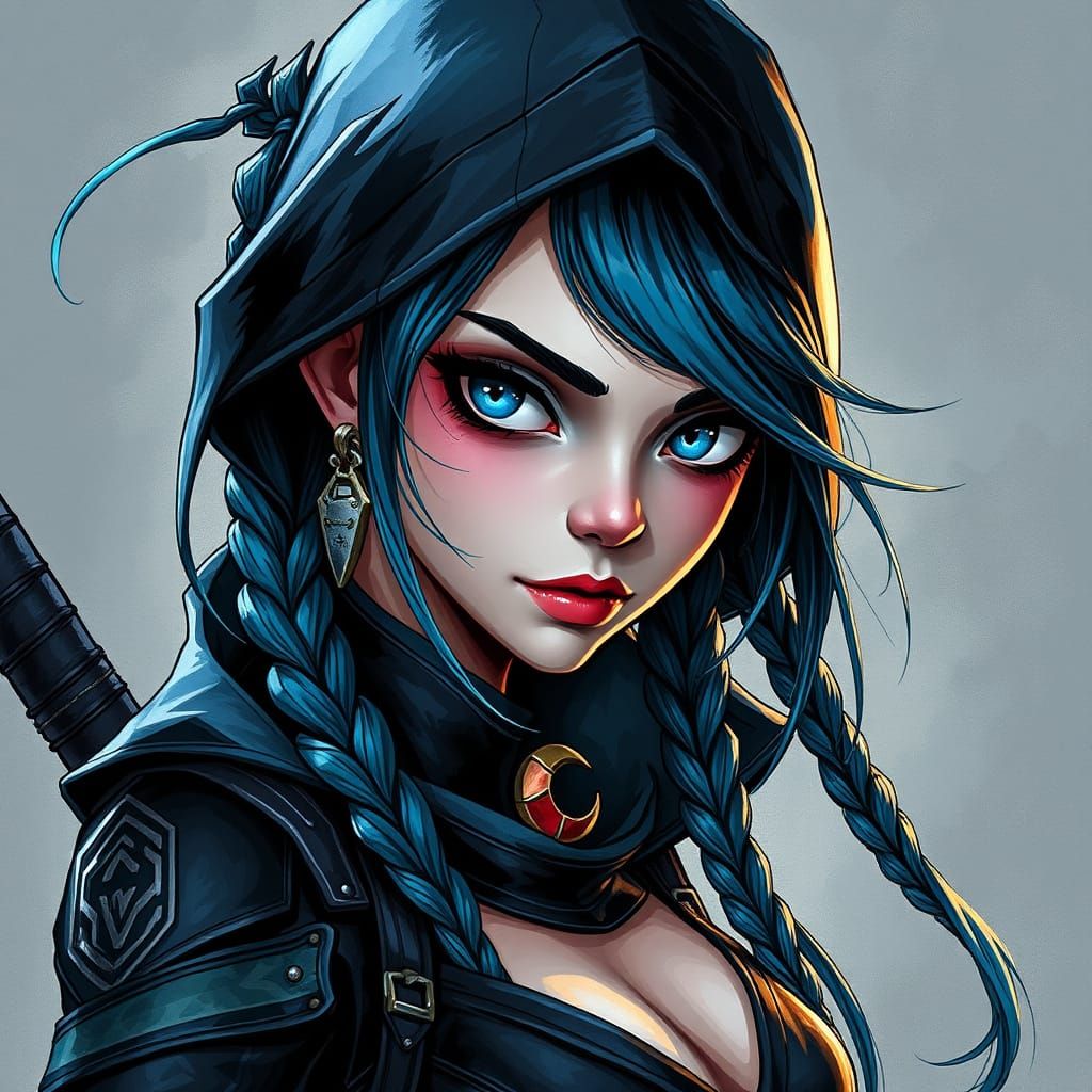 Dark Assassin Woman with Blue Braids, Digital Art