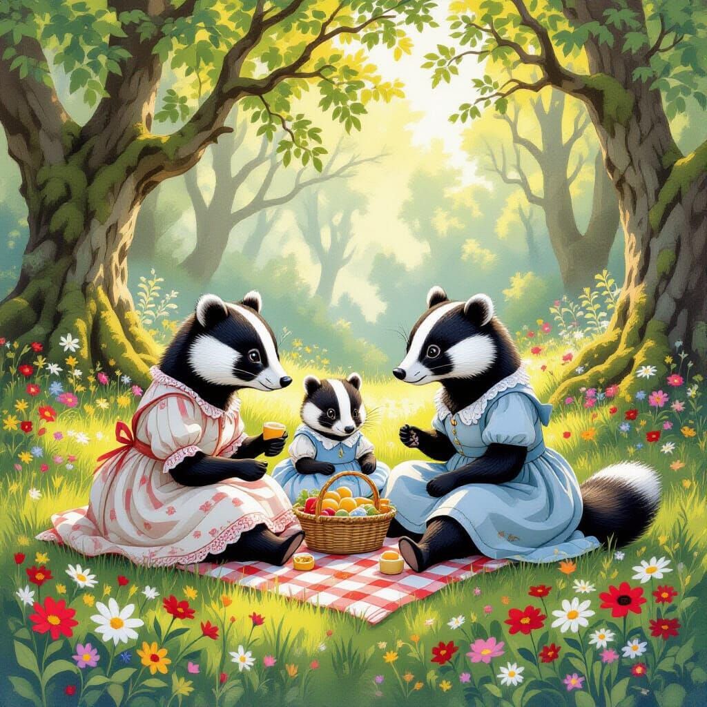 Badger Family Picnic in Sun-Dappled Forest, Painterly Style