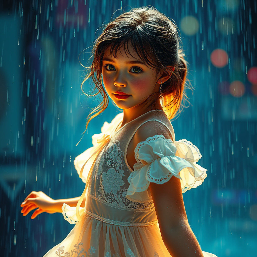 Girl Dancing in Rain: Vibrant Splash Art Portrait