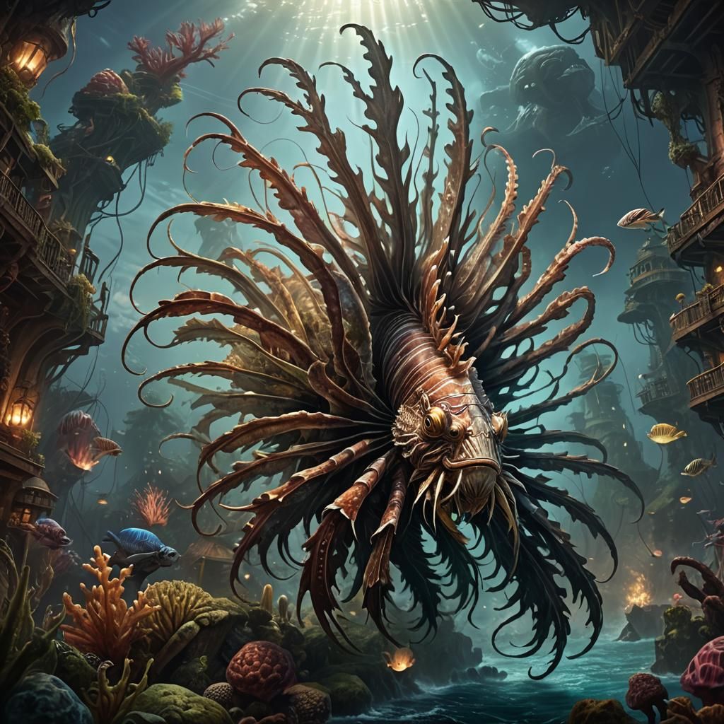 Epic Kraken Lionfish Hybrid in Digital Painting Style