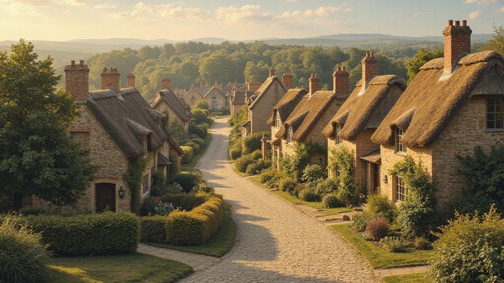 A quaint English village is viewed from above