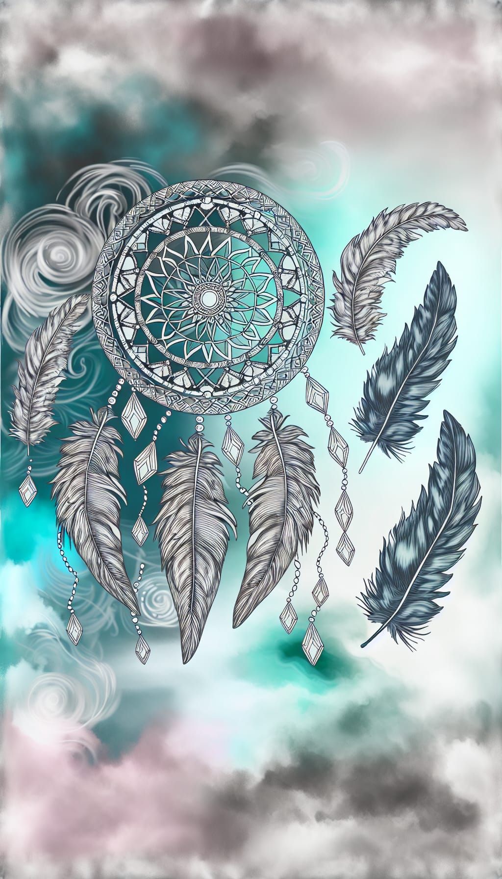 Detailed Dream Catcher with Feathers and Teal Sky