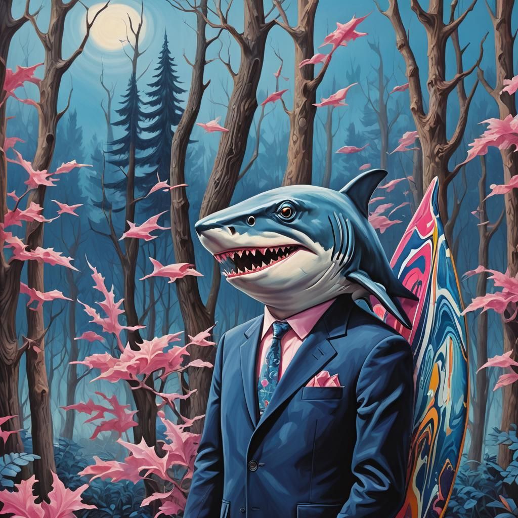 Surreal Shark Businessman in Blue Forest