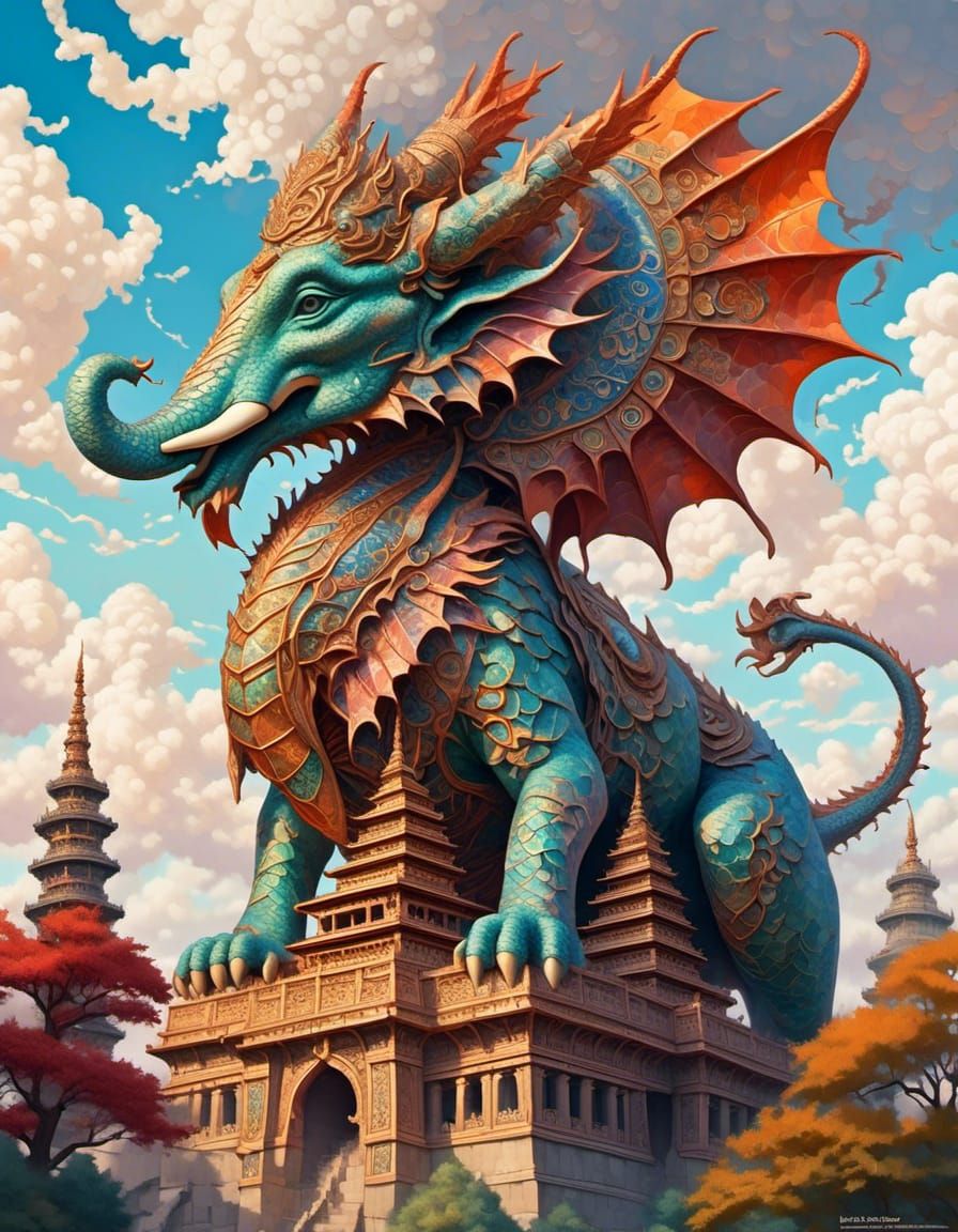 Watercolor Indian Elephant Guarding Ancient Temple