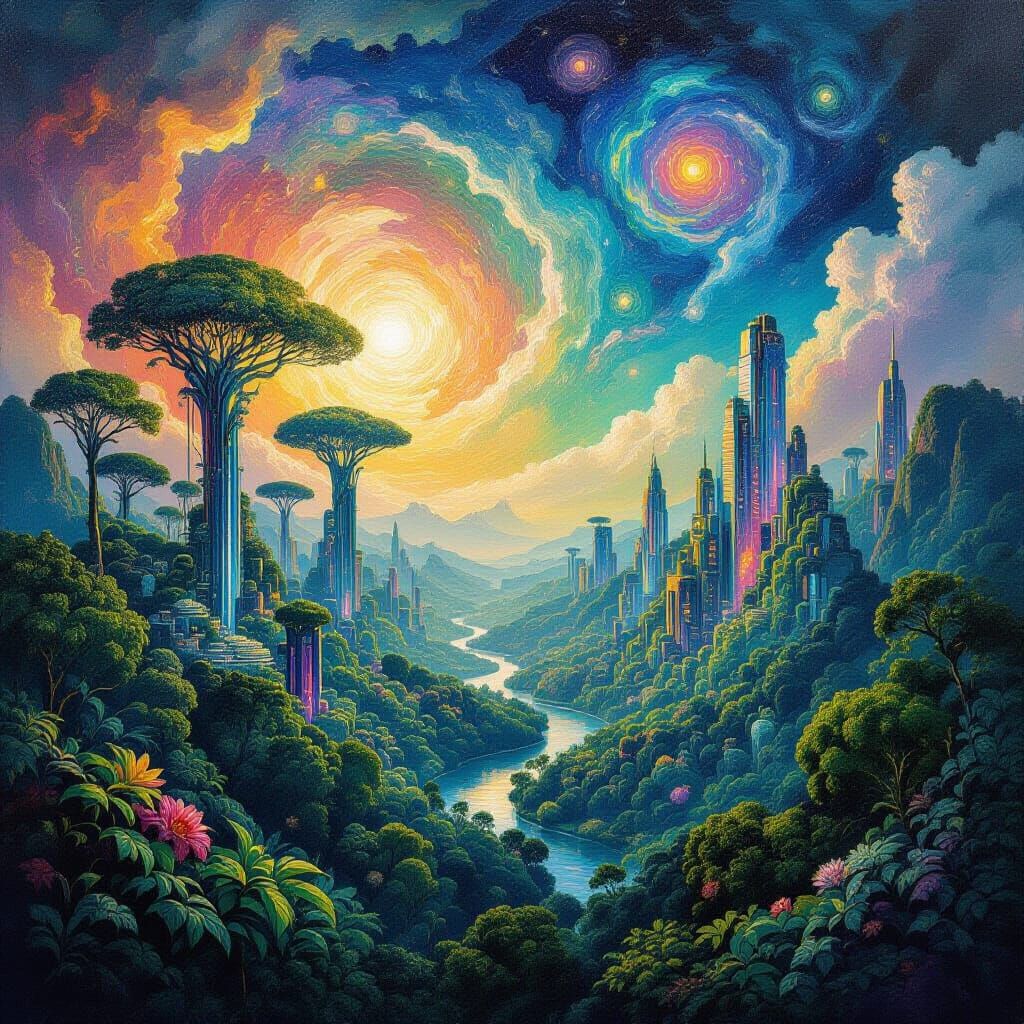 Vibrant Future Earth in Oil Painting, 2000 Years Hence