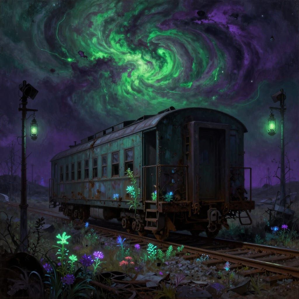 Bioluminescent Flora Overgrown Train Car in Wasteland
