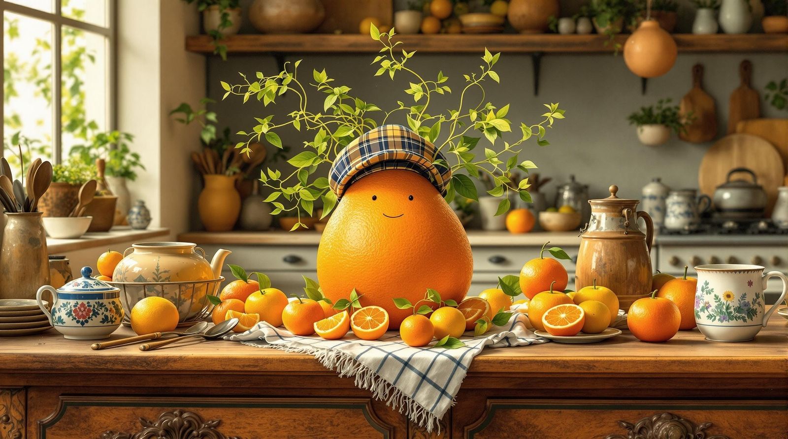Vibrant Orange Character Sits at Kitchen Table