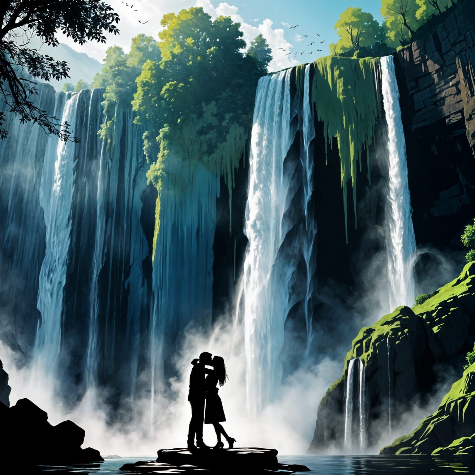 Silhouette Couple Kissing by Waterfall