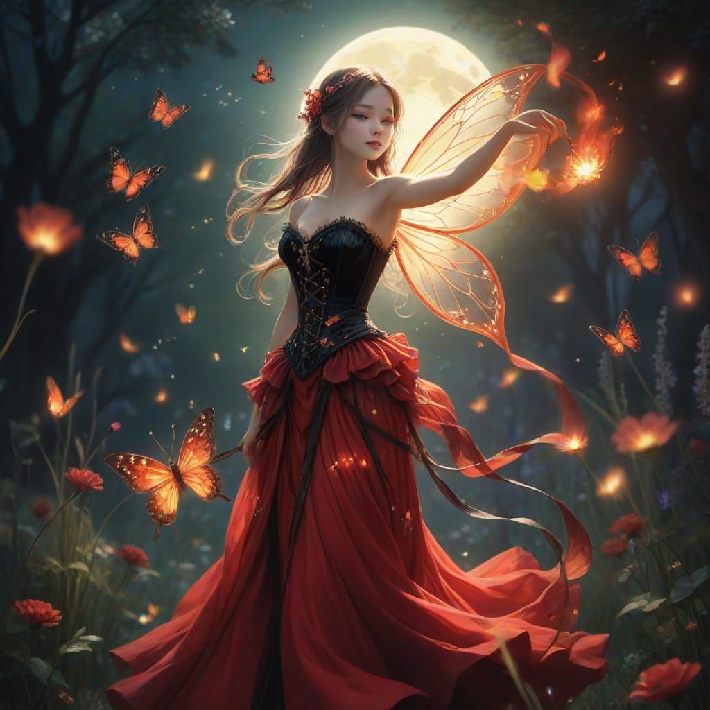Dancing Fairy in Moonlit Garden with Flowing Flames