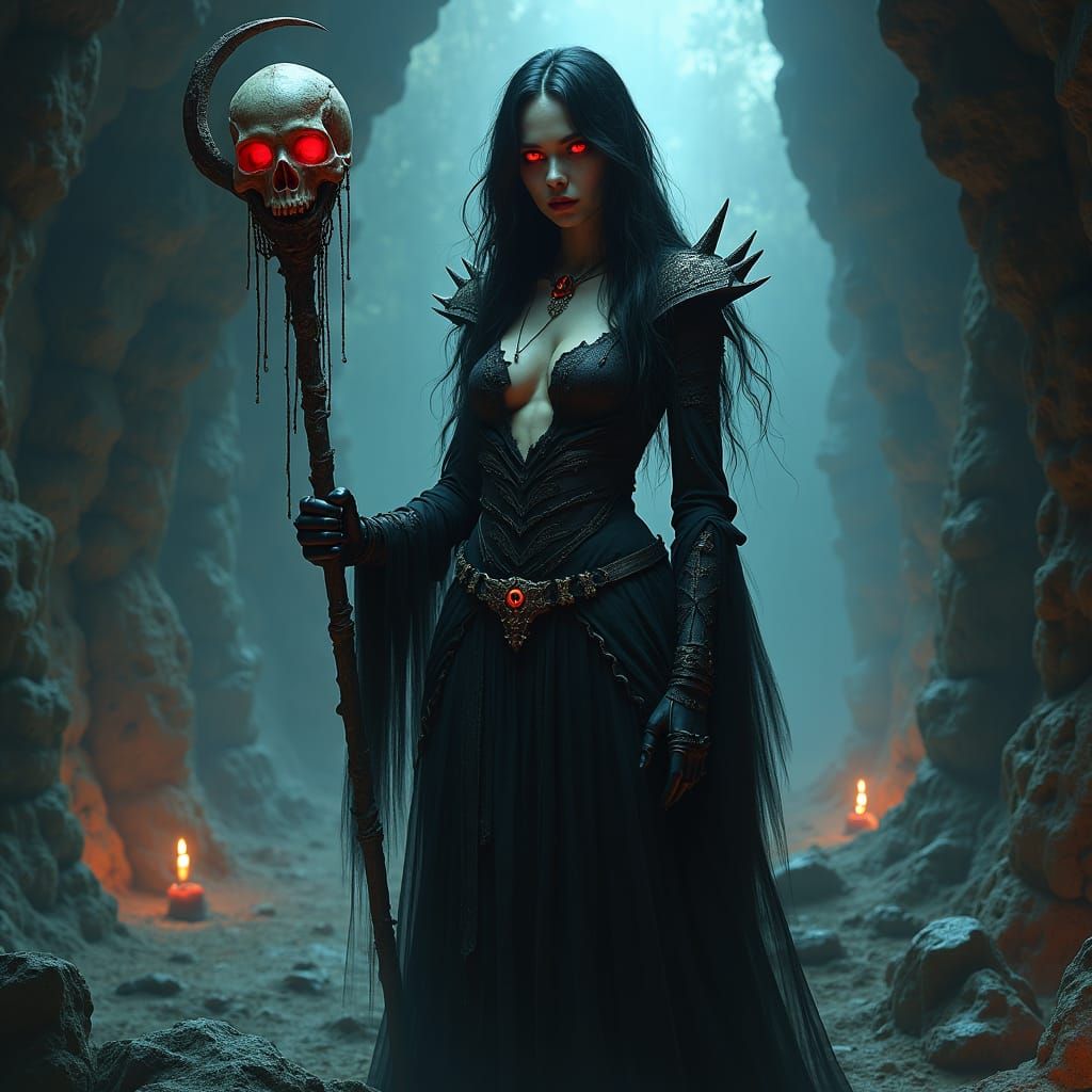 Necromancer Alanaa in Crypt Dungeon, High-Fantasy Concept Ar...