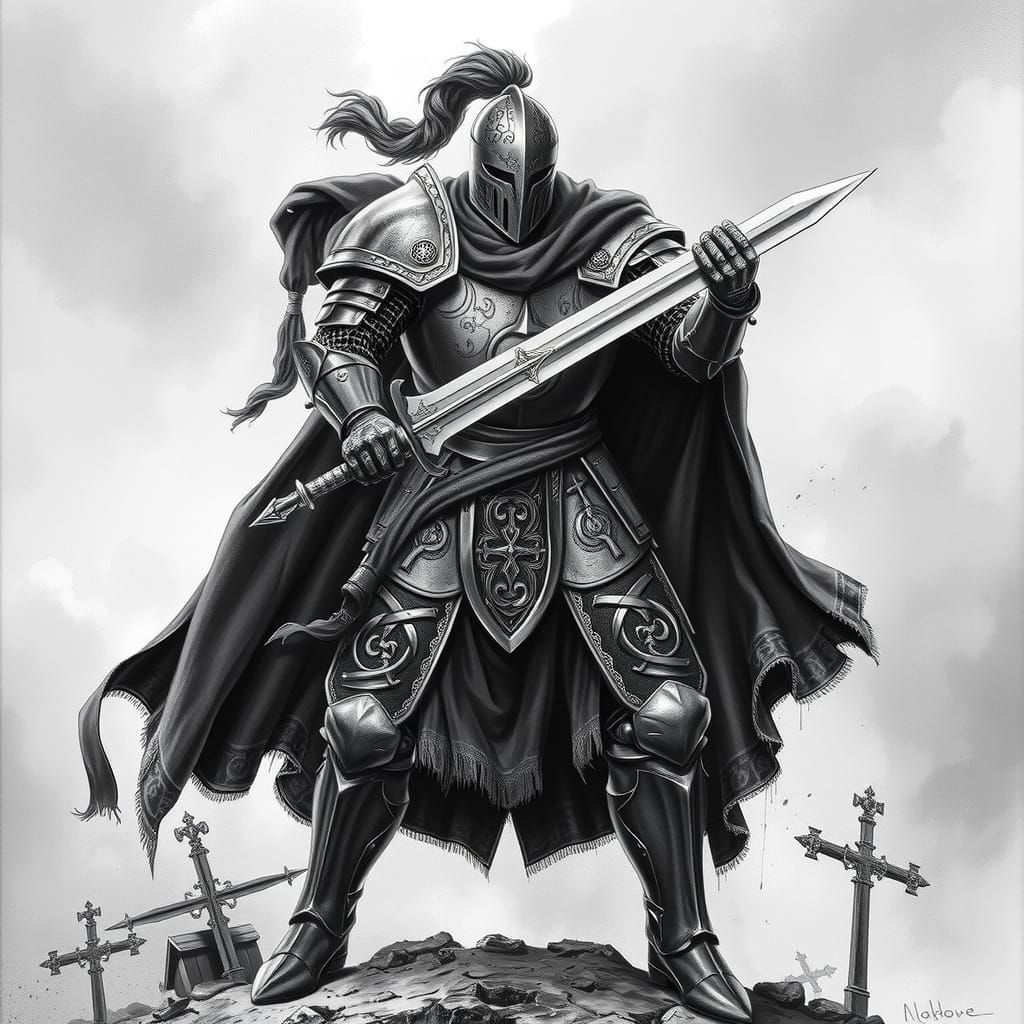 Heroic Knight on Battlefield Inspired by Dark Fantasy Art