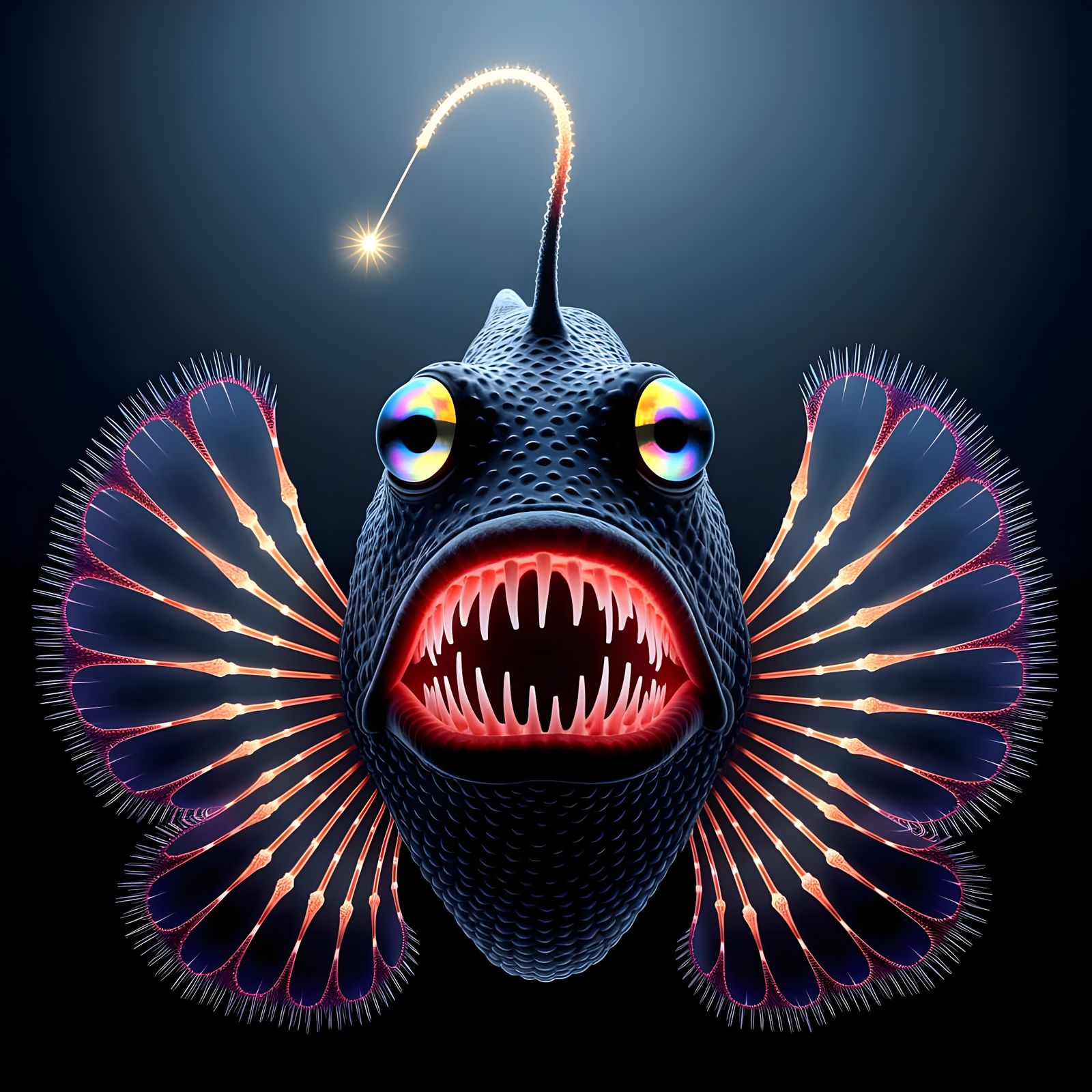 Bioluminescent Anglerfish Portrait in Deep Sea Darkness