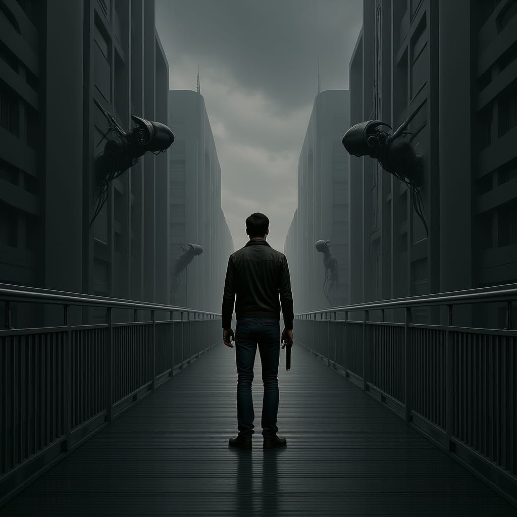 Dystopian Showdown on Futuristic Bridge