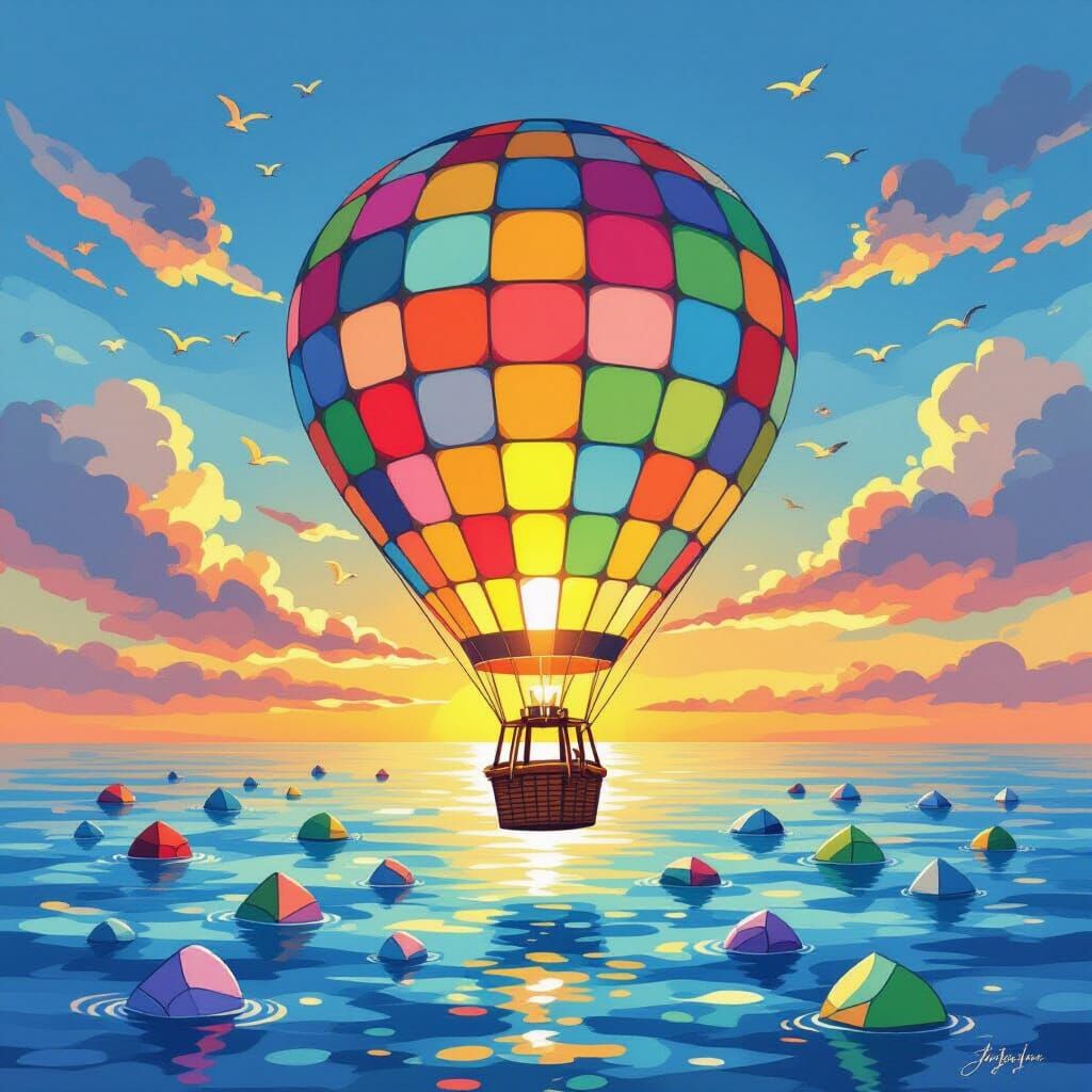 Sea Glass Hot Air Balloon Over Ocean at Sunset