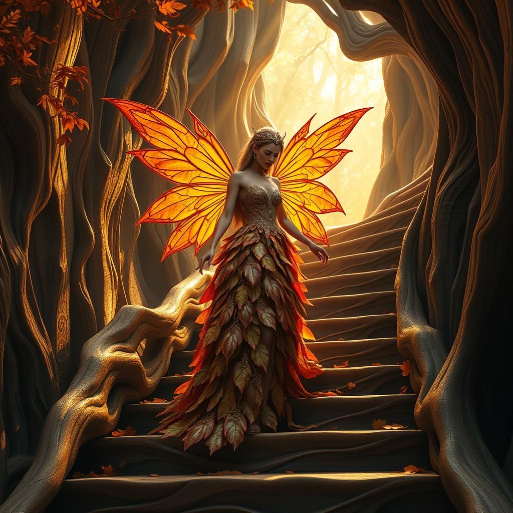 Fairy Queen Descends Autumn Staircase in Fantasy Style