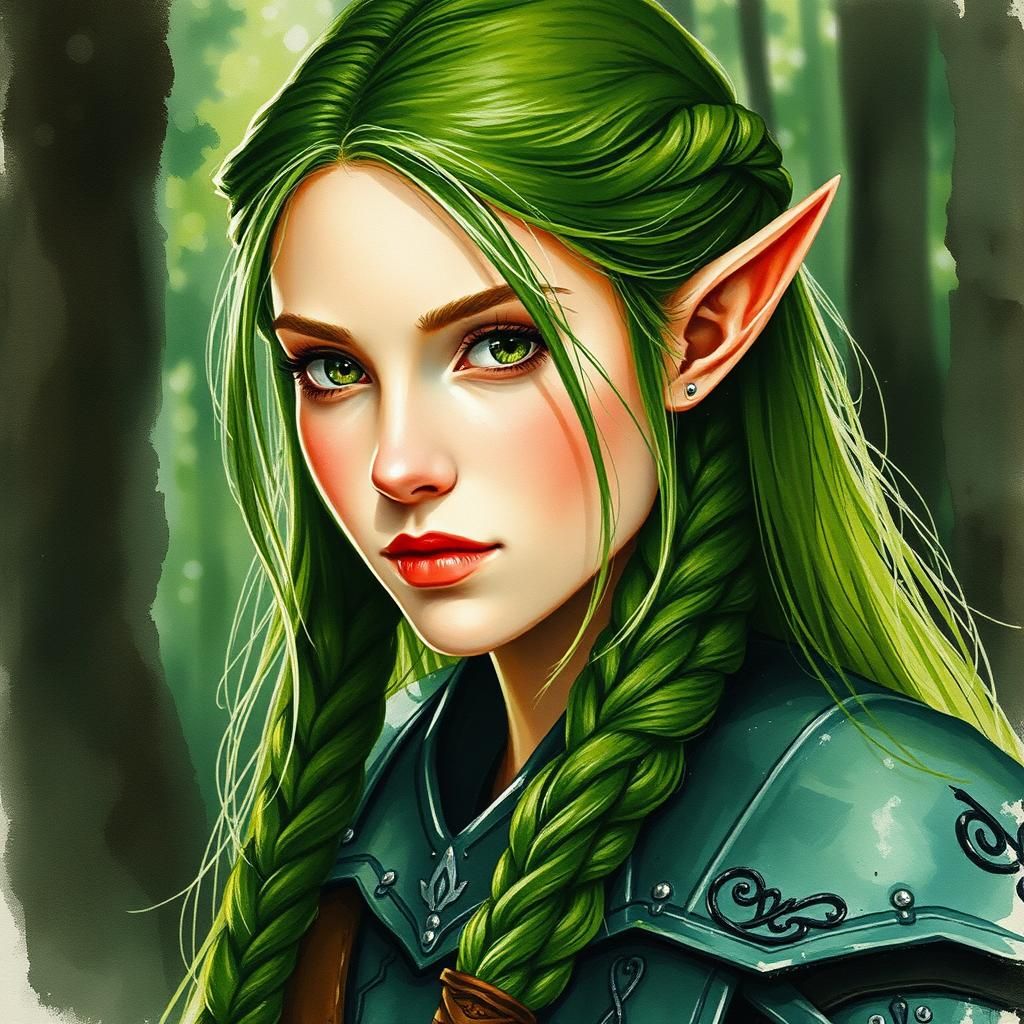 Green-Haired Elf Woman Portrait in Watercolor Style