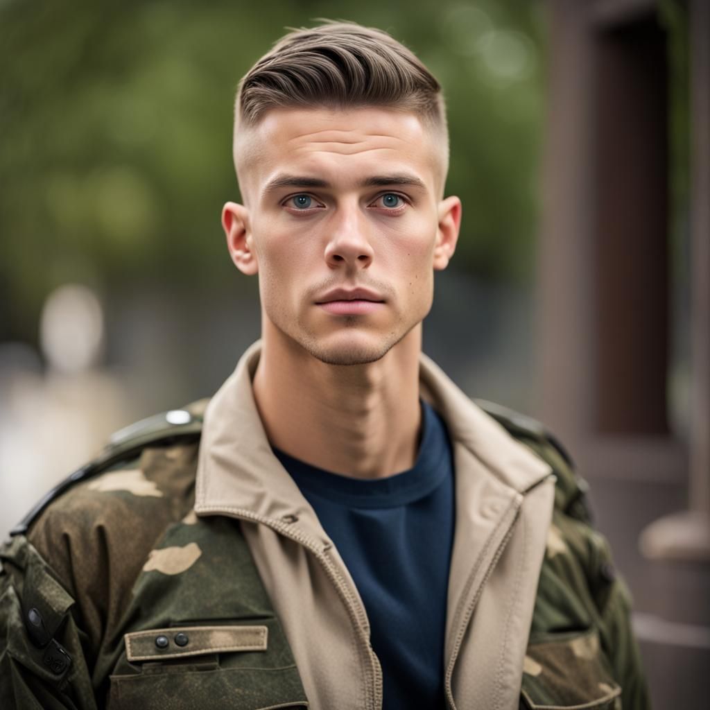 Anxious Young Man with Military Haircut