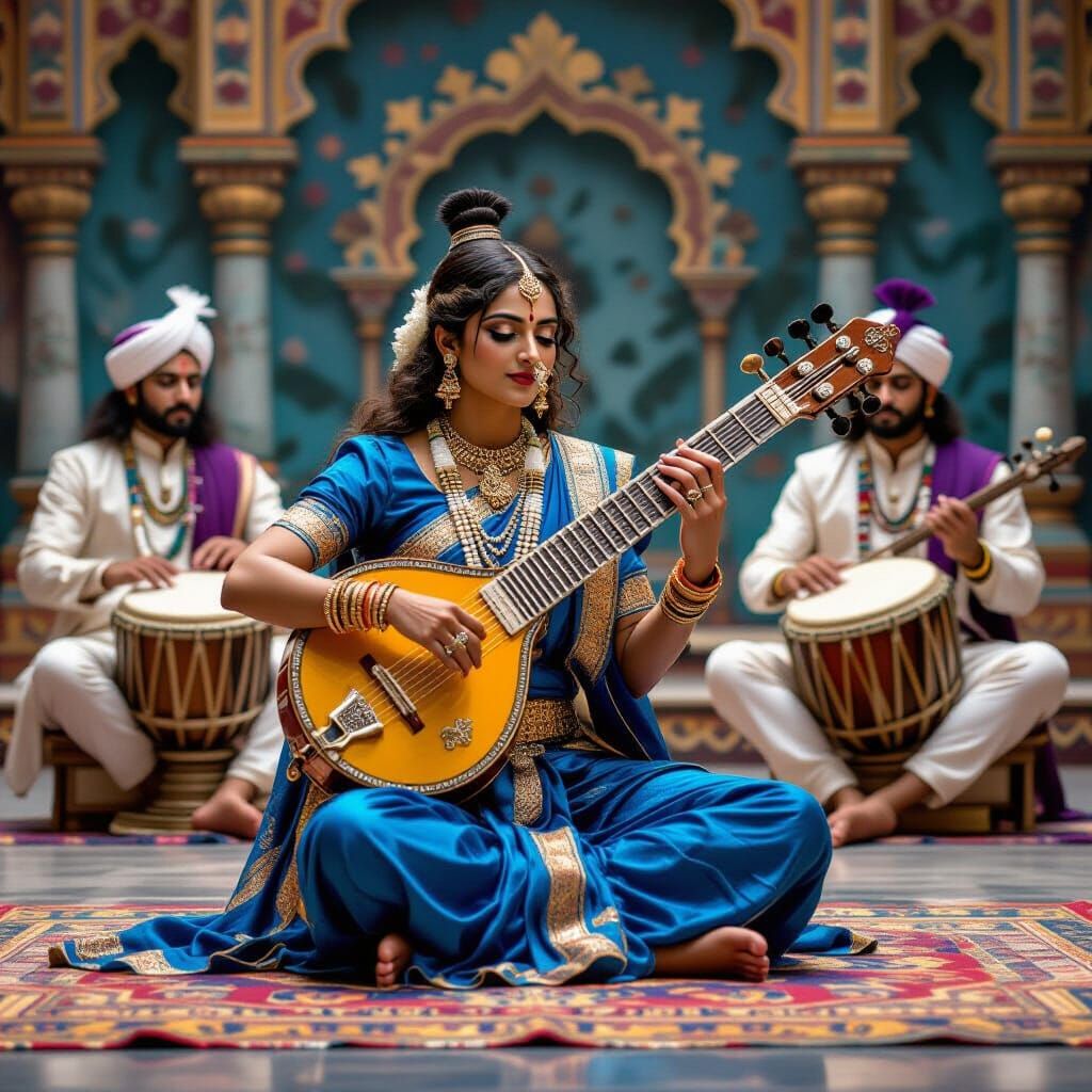 Sitar Player on Stage in Style of Ravi Varma