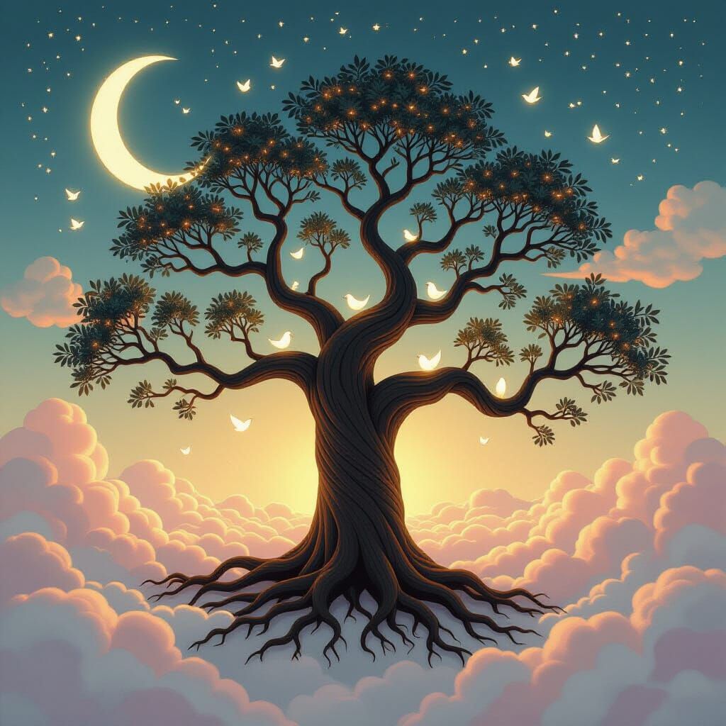 Chocolate Tree in Pastel Cloudscape with Luminous Birds