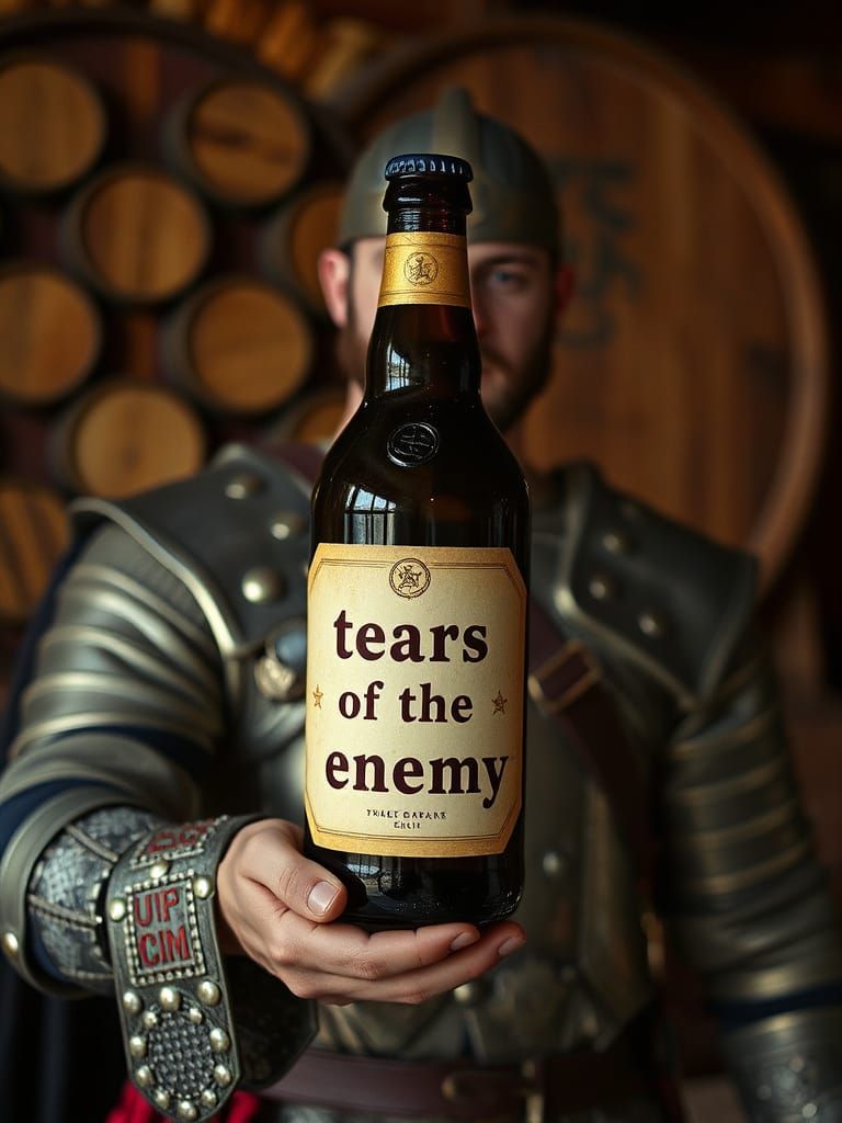 Warrior with Tears of the Enemy Bottle in a Wooden Tavern