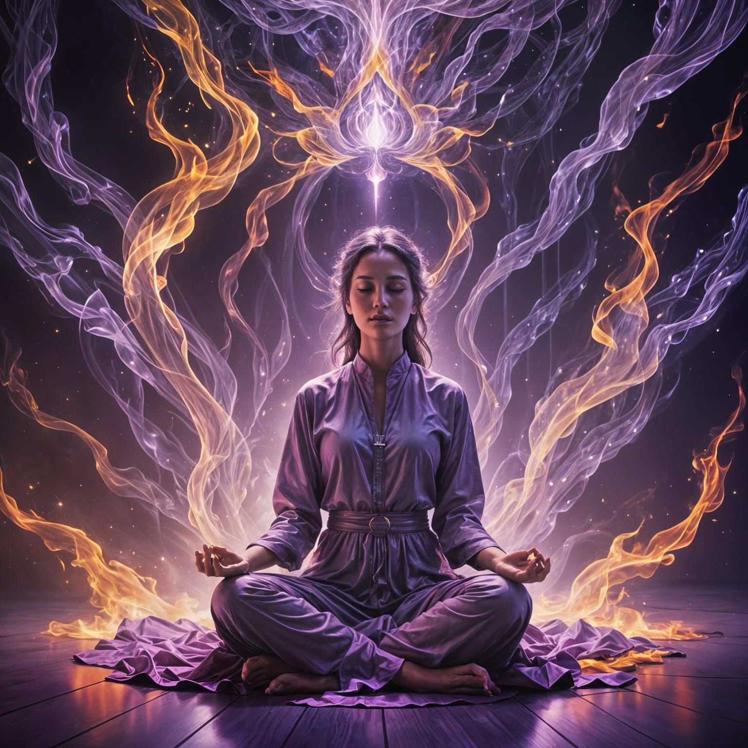 Meditating Woman in Violet Flame: Astral Fantasy