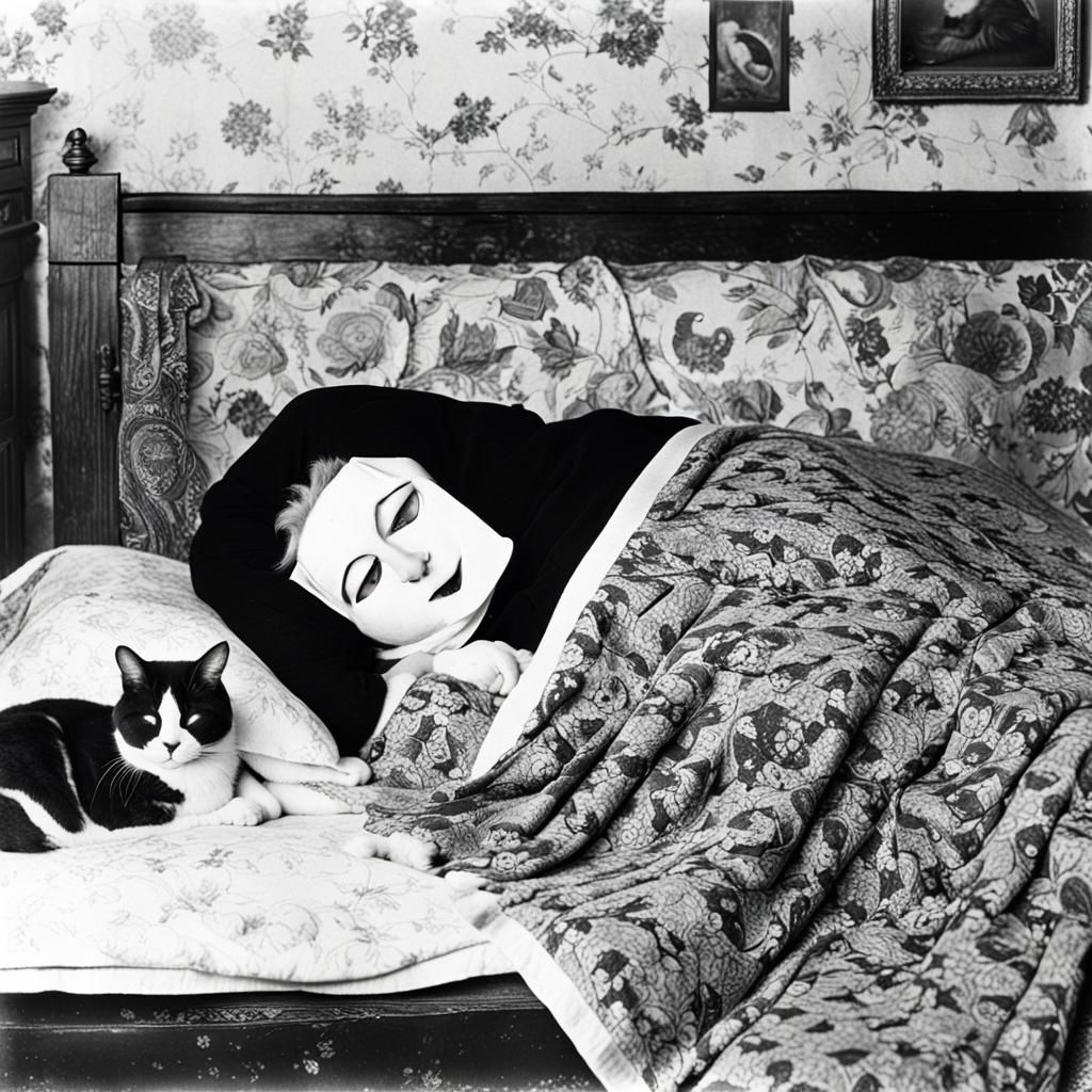 Antique Photo of Woman with Cats and Bunny Mask