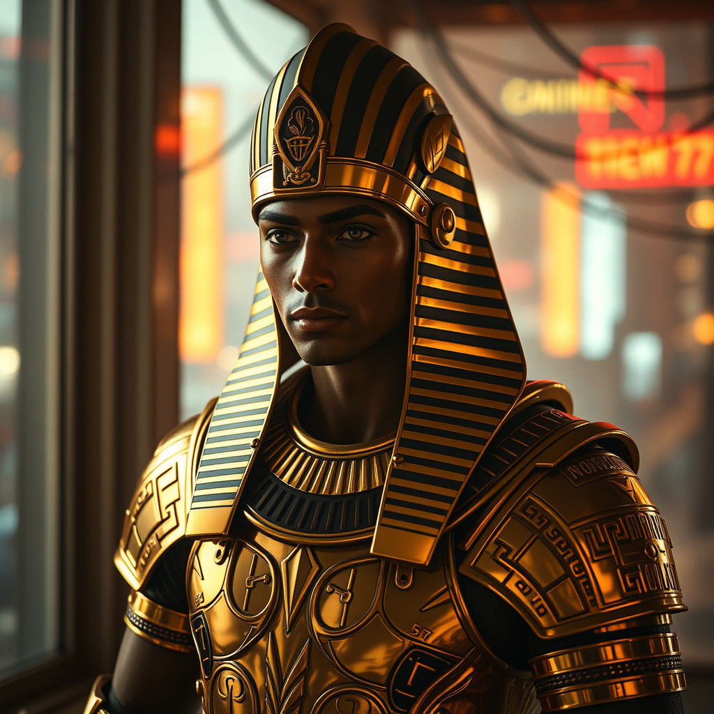 Osiris in Golden Armor in Cyberpunk Cityscape