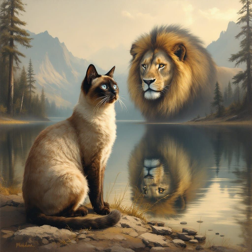 Siamese Cat Reflection as Lion in Old Masters Style