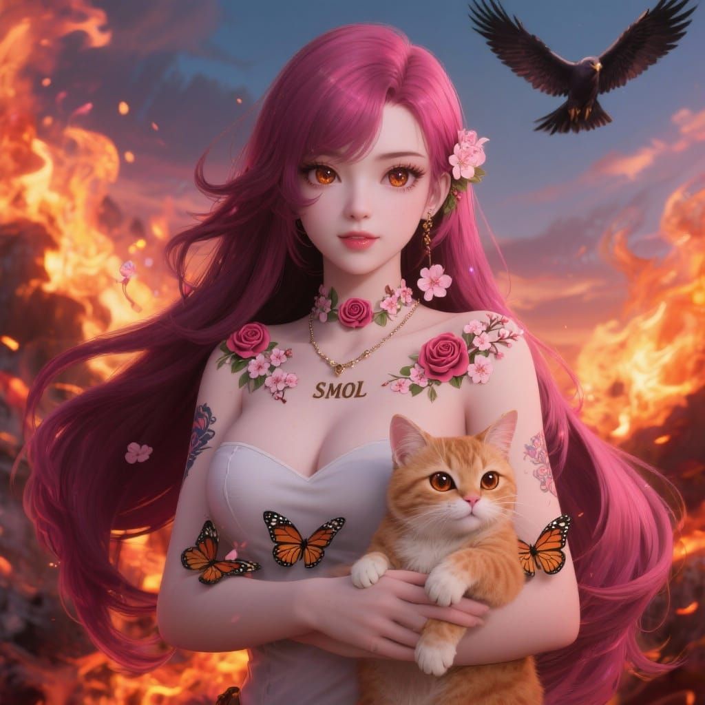 Beautiful Woman with Pink Hair, Cat, and Fiery Background