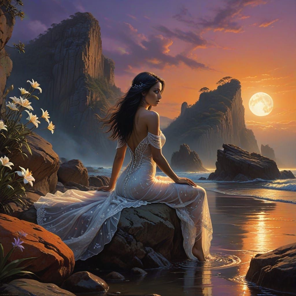 Moonlit Ocean Goddess on Rocky Cliff
