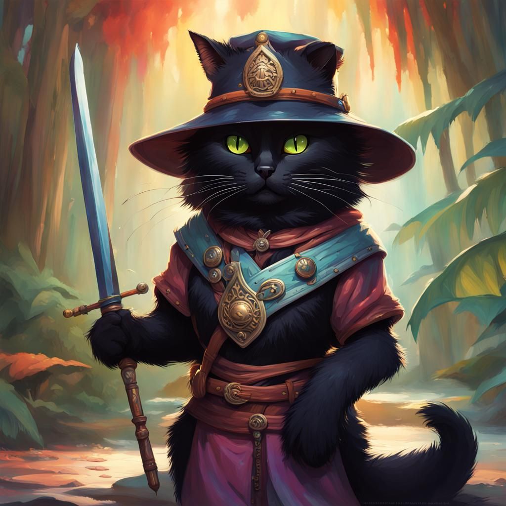 Adventurous Black Cat with Sword, Hyperrealistic Art