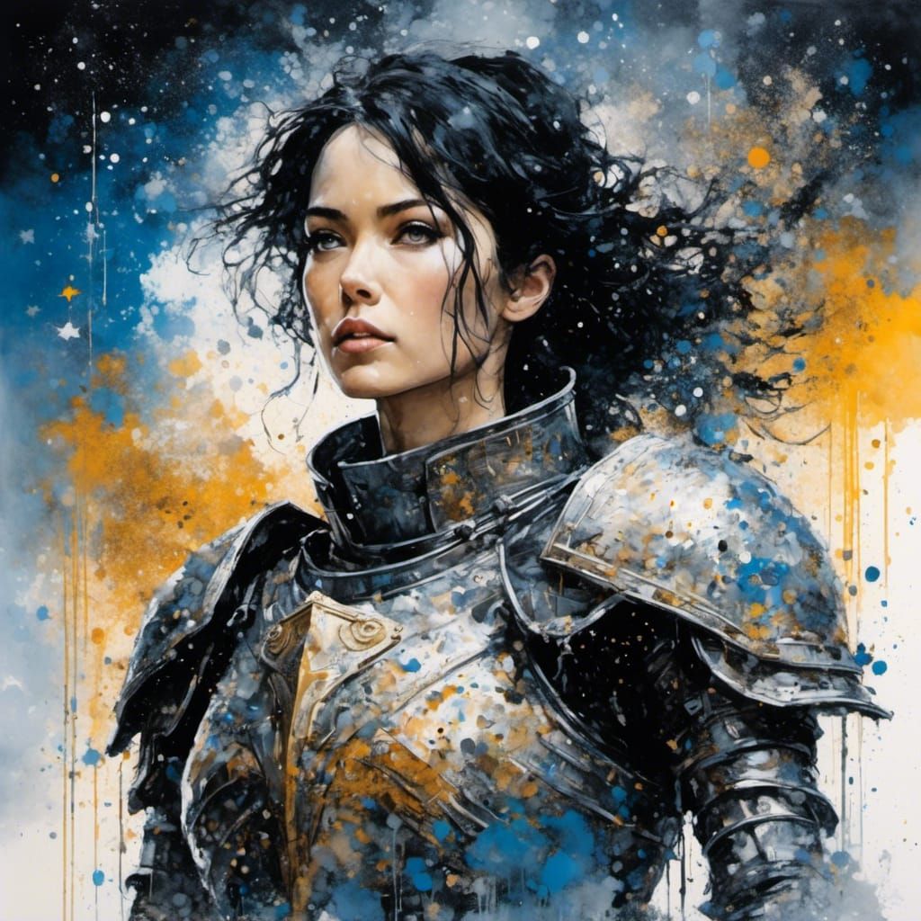 Lady Knight Portrait in Watercolor Night Sky