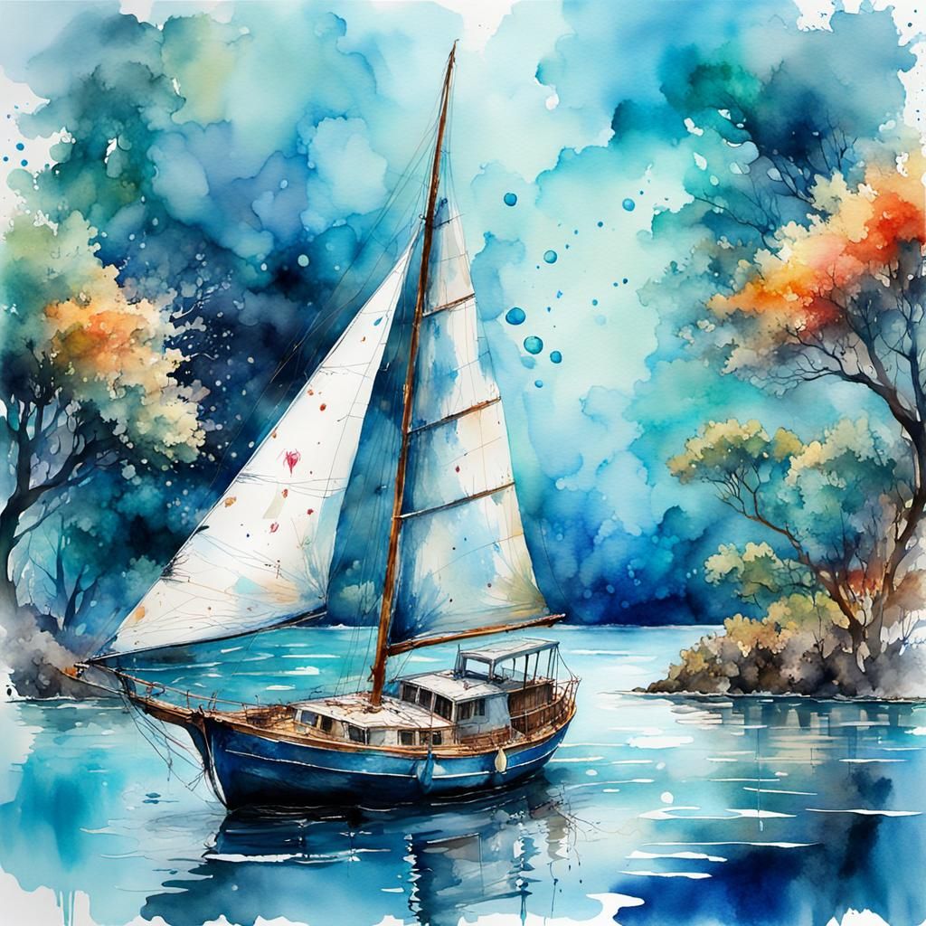 Watercolor Sailing Boat and Impressionist Garden