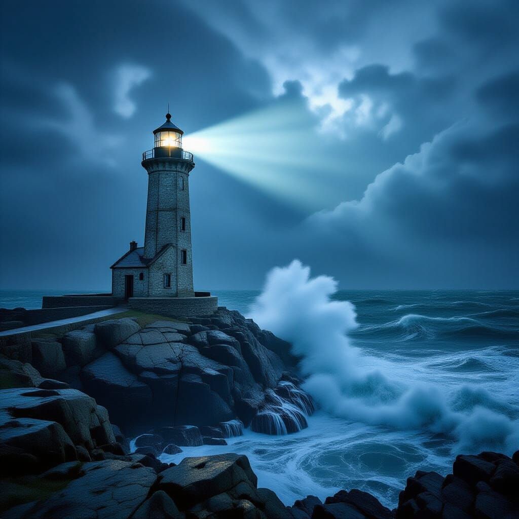 Lone Lighthouse Beams Through Stormy Seas in Hyperrealism