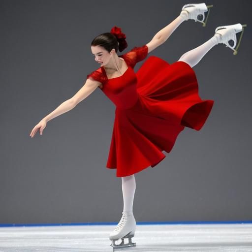 Figure Skater in Red Dress Performing Tricks