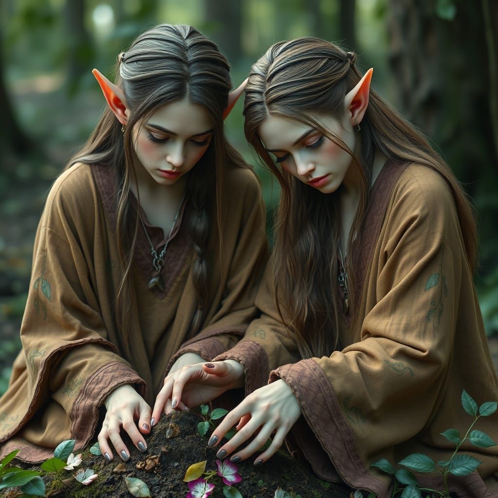 hyperrealistic, dos female elves playing  with earth, intric...