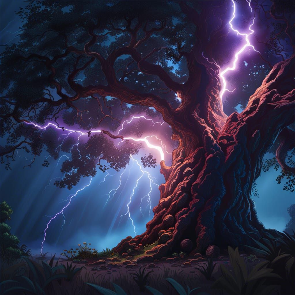 Dramatic Lightning Strikes Tree: Hyperrealistic Splash Art