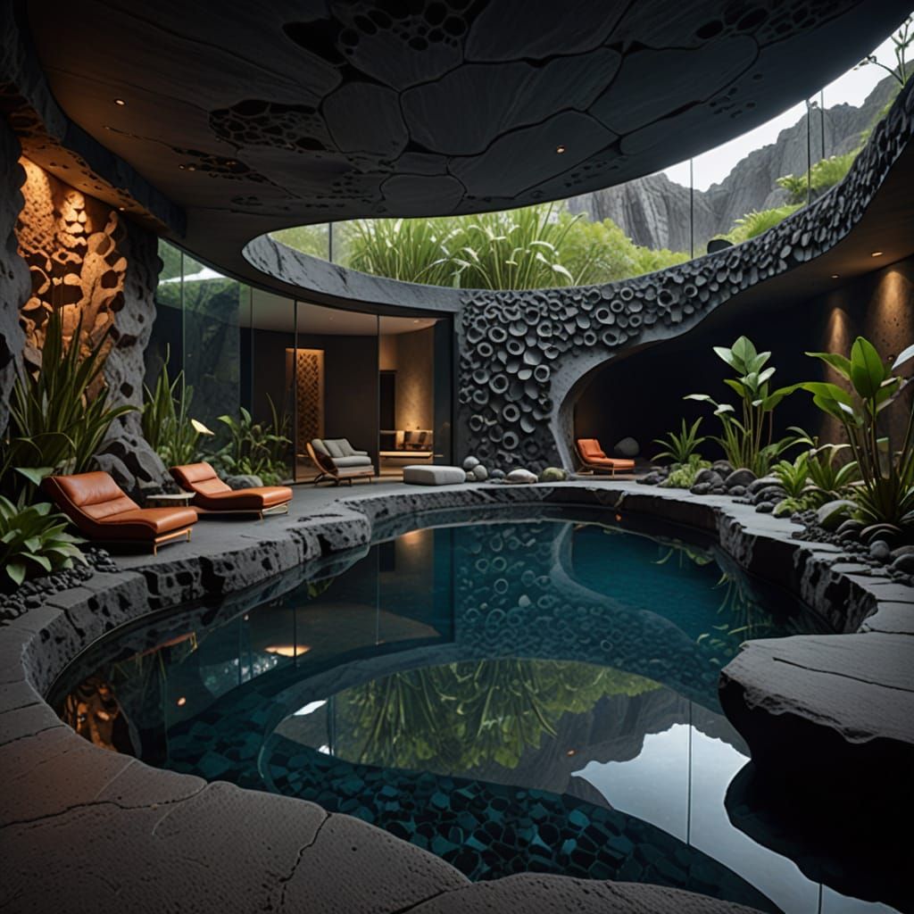 Volcanic Rock Meditation Space with Pool View