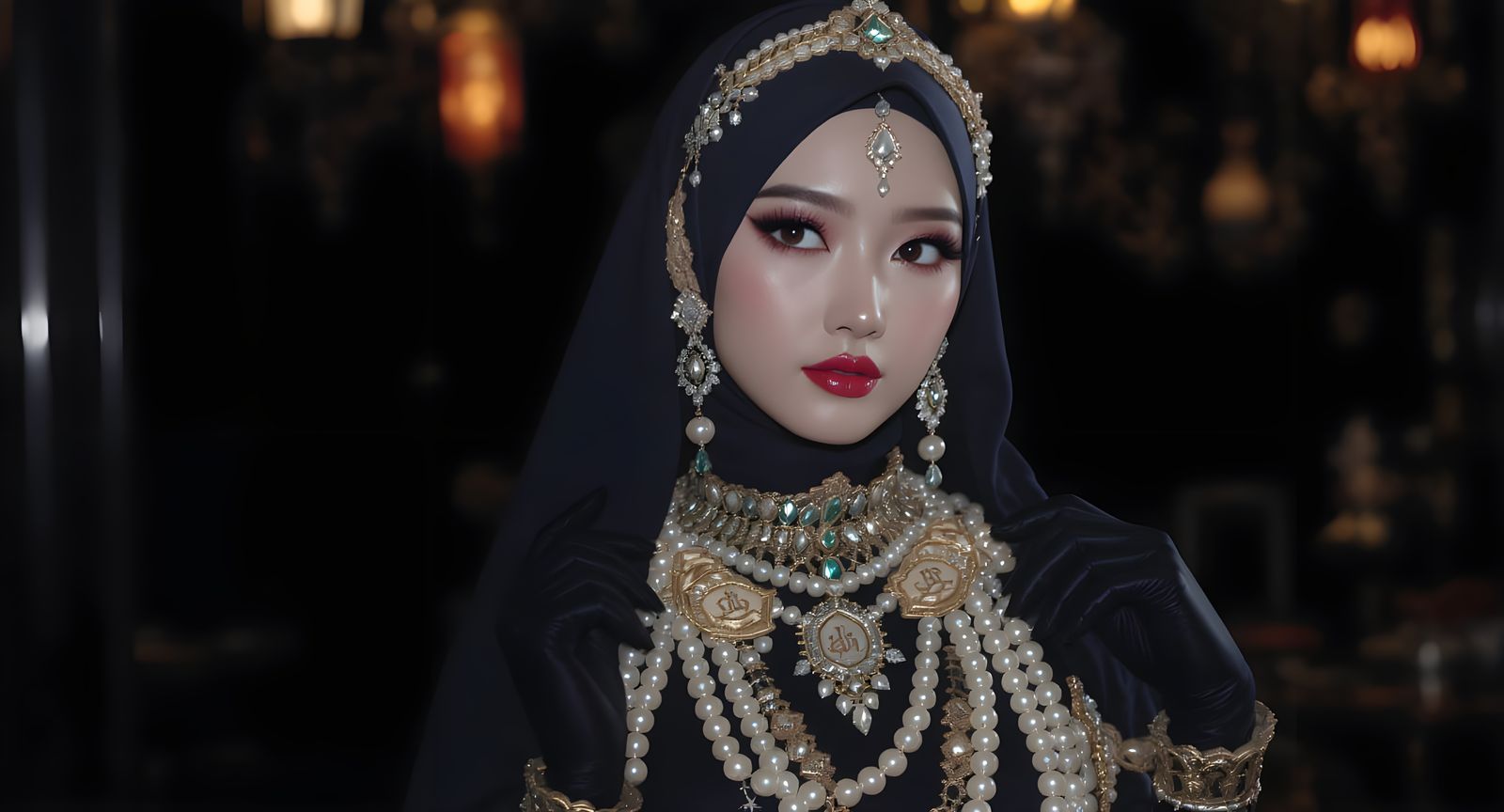Asian Woman in Latex with Pearl Body Chain and Arabic Jewelr...