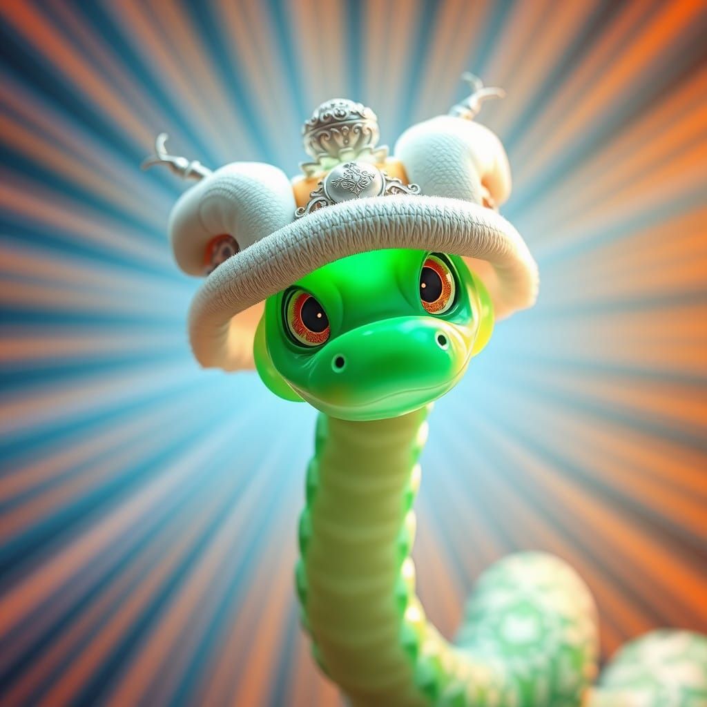 Surreal Jade Snake Wears Whimsical Lion Dance Hat in a Radia...