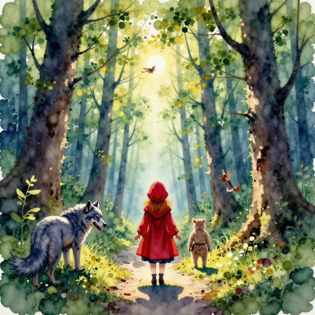Red Riding Hood Fairy Tale Scene in Enchanted Forest