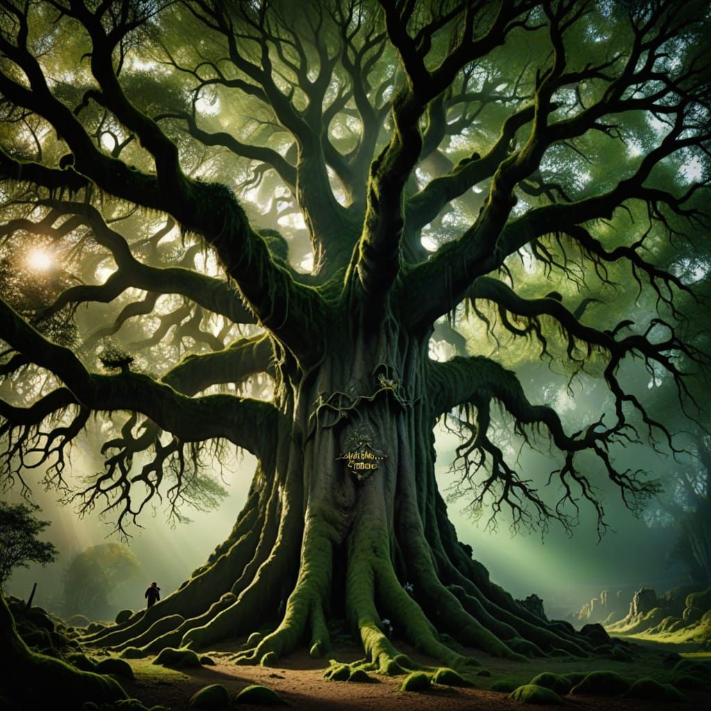 Ethereal Ancient Tree Radiates Emerald Aura in Moody Forest
