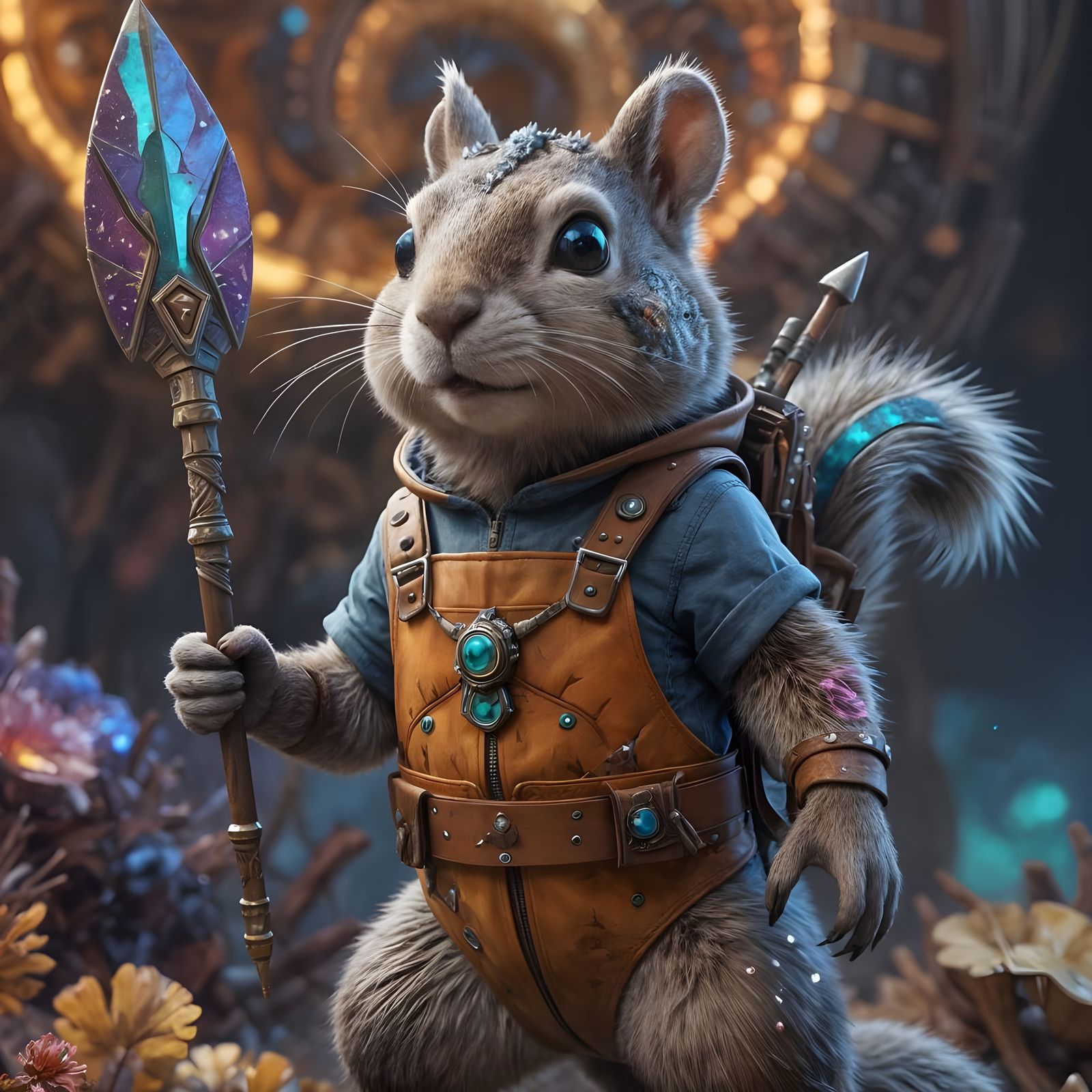 Fantastical Gopher-Squirrel Warrior in Vibrant Bismuth Fract...