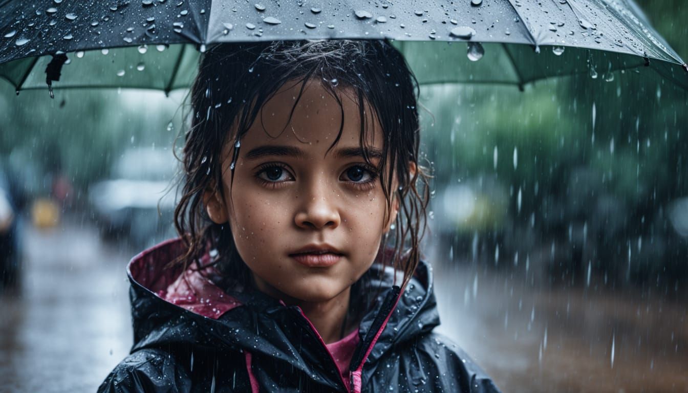 Little Girl in Rain: Photorealistic Close-Up
