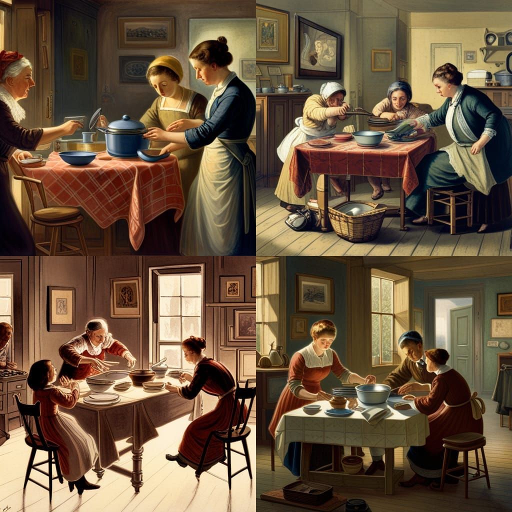 Hyperdetailed Family Meal Preparation in Lithographic Style