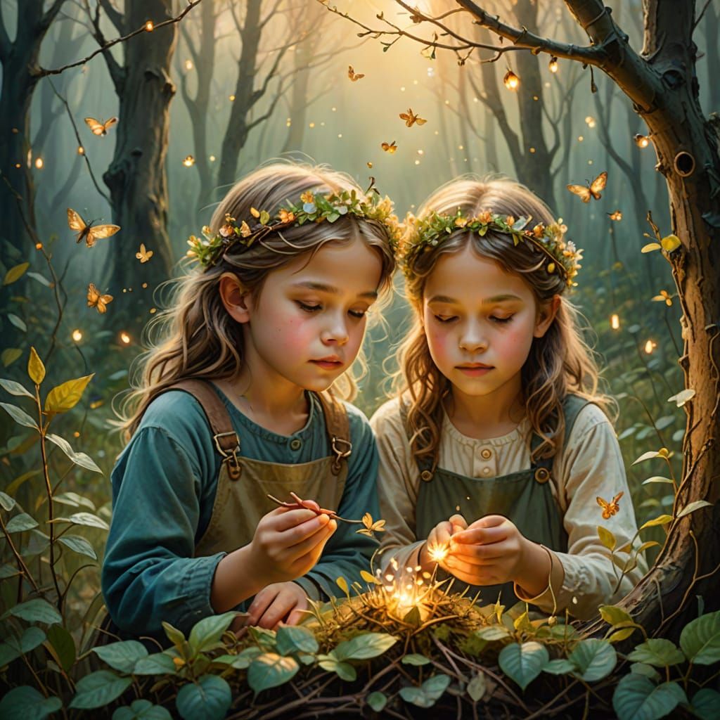 Children Building Miniature Kingdom in Watercolor Style