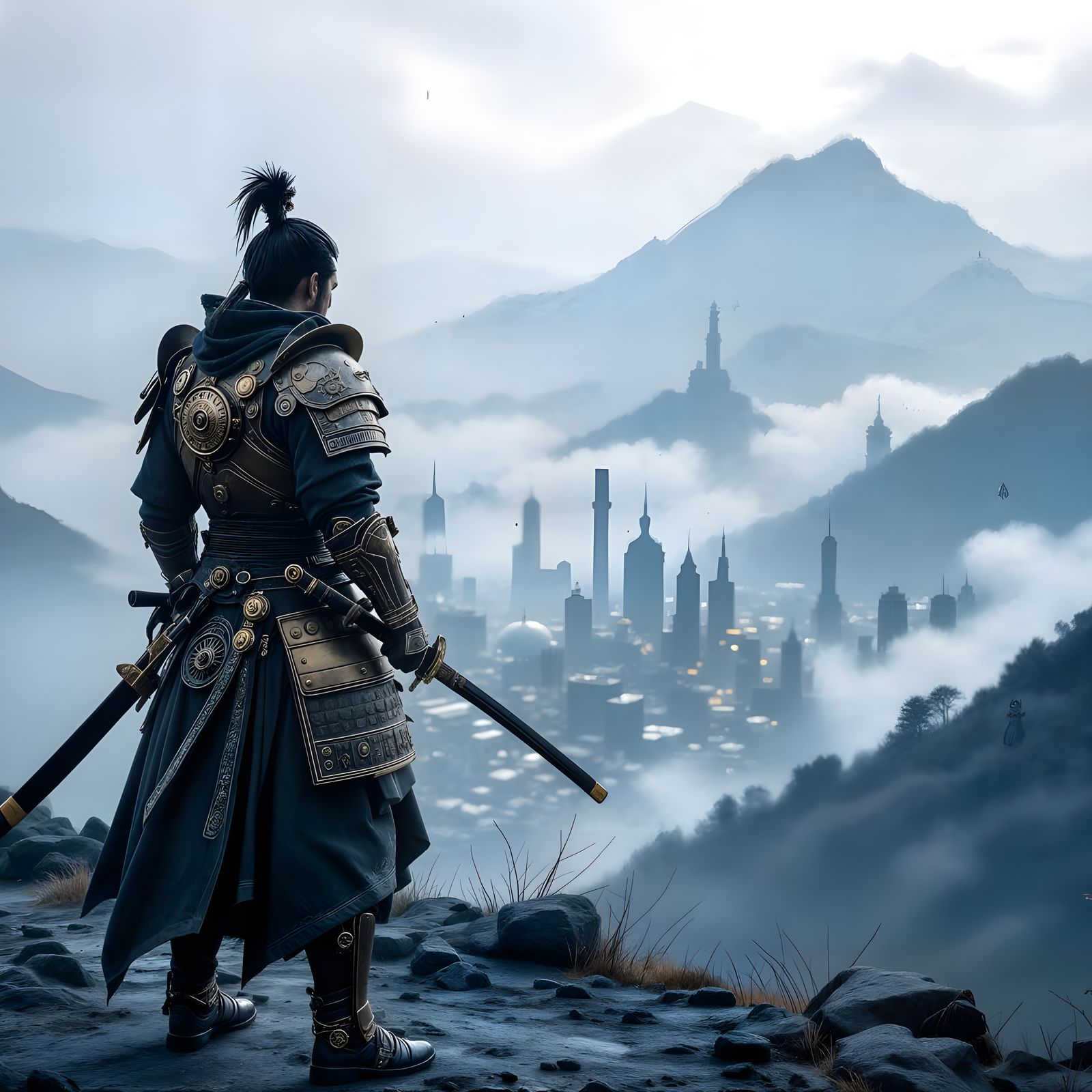 Steampunk Samurai on Misty Peak Overlooking Smoggy City
